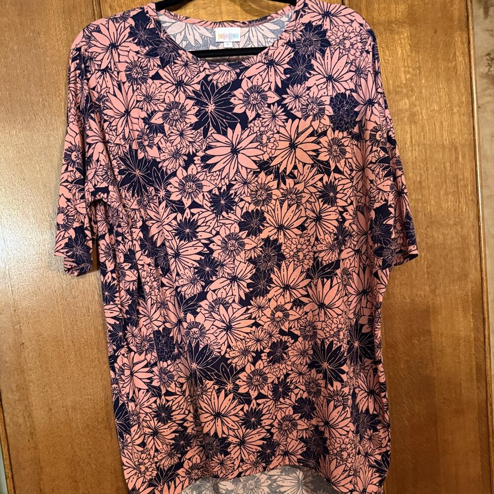 LuLaRoe Irma , Size Large, Pink and Dark Navy Blue Daisy design